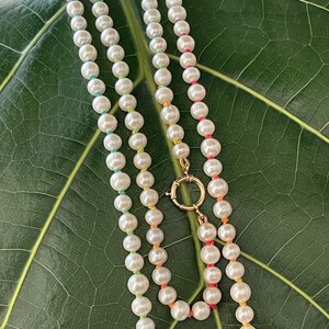 Long Layered Pearl Necklace: 14kt Gold Clasp, Colorful Silk