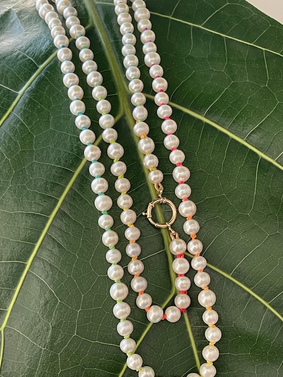 Long Layered Pearl Necklace: 14kt Gold Clasp, Colorful Silk