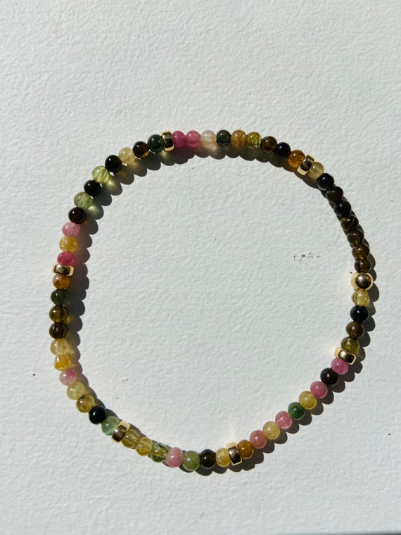 Dainty smooth tourmaline stretchy bracelets set, beaded jewelry, gold filled beads size 3mm wrist size 6 to 7 in.