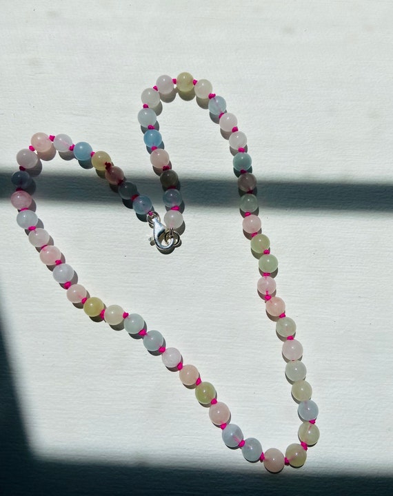 Morganite Gemstone necklace. Multi-colored gemstone, hand knotted beaded beryl necklace Gift for her, gifts for girls. Birthday Gemstone.