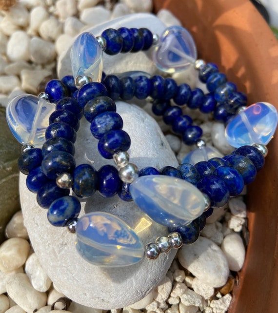 Lapis lazuli stretchy bracelets with white gold beads, handmade, beaded bracelets, gemstones bracelet.