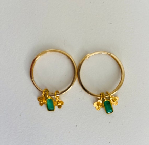 Rare Hoop earrings, emerald baguette and flower dangling charm. Gifts for her, Gifts for mom, Gifts for loved ones