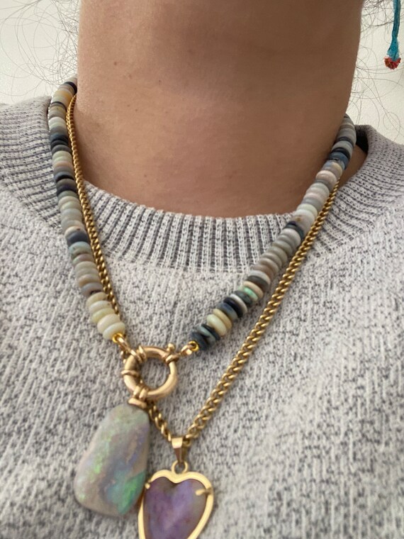 Australian Opal Beaded Necklace: 14k Gold Sailor Clasp, 18 inch