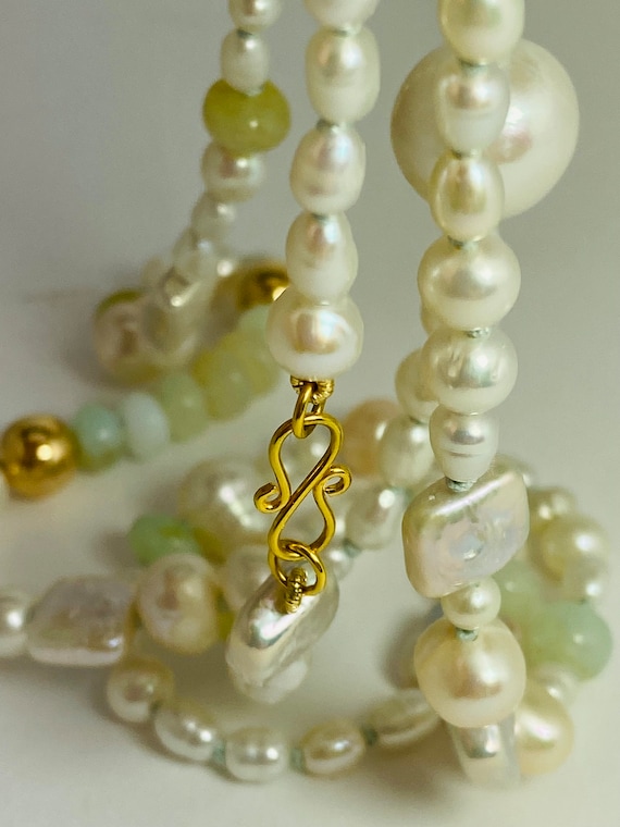 Long Layered Pearl, Blue Peruvian Opal, and 14kt gold beaded necklace | Gifts for Her