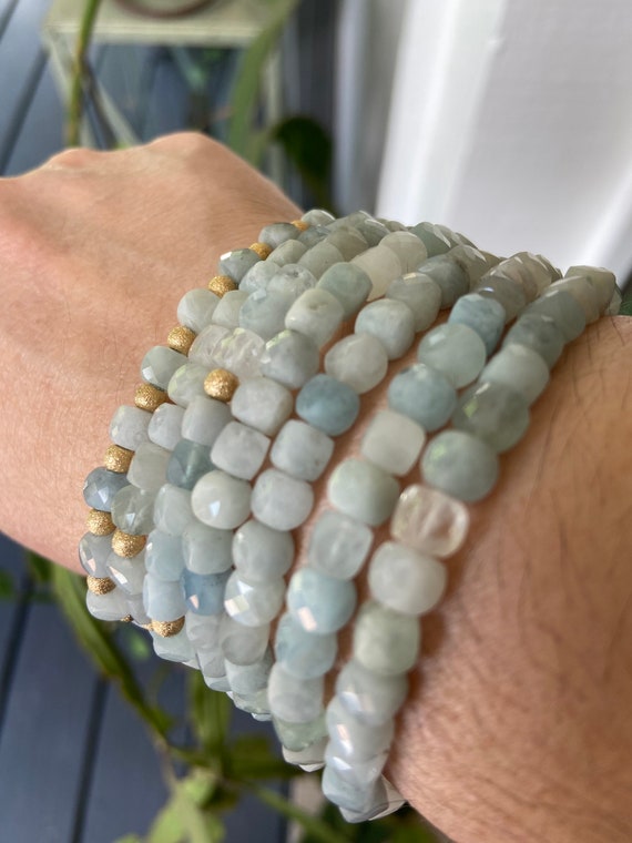 Aquamarine cube shape stretchy beaded bracelet with 14k solid gold frost beads. Gifts for girls, Birthday gemstones, Gifts for her.