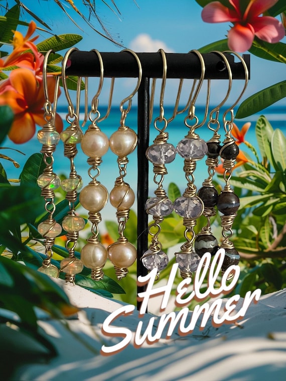 Handmade 14kt Gold Drop Earrings: Amethyst, Opal & Pearl