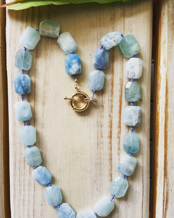 Hand knotted Aquamarine necklace on silk cord with sailor clasp, handmade, beaded necklace, gemstones necklace.