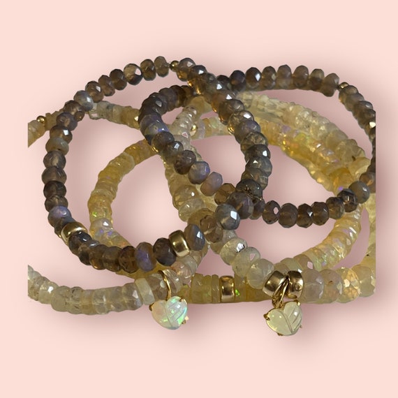 Australian Opal Stretchy Bracelet: Solid Gold Charm, Crystal & Lavender Opal