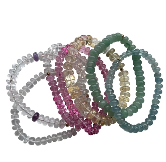 Colorful bracelets, Crystal, Citrine Quartz, Amethyst, Aquamarine, Pink Topaz with solid gold bead closure. Gifts for her
