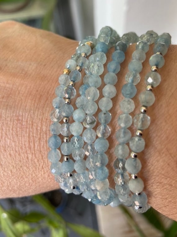 Beautiful Handmade Dainty Aquamarine stretchy bracelets with solid white gold beads, handmade, beaded bracelets, gemstones Gifts for her