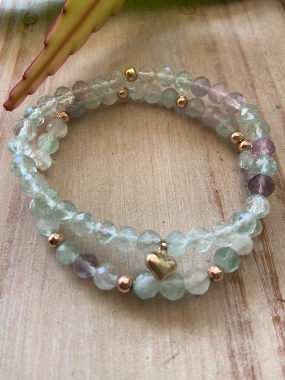 Beautiful handmade stretchy Fluorite beaded bracelet with 14k solid gold beads and heart charm, handmade, beaded bracelets, Gifts for her