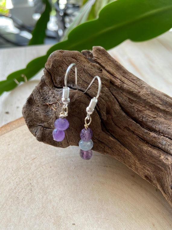 Sterling silver, Amethyst and aquamarine drop earrings. Beaded earrings, handmade, minimalist simple and beautiful