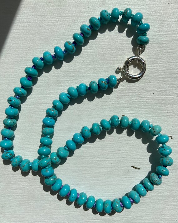 Hand knotted beaded Kingsman Turquoise necklace on silk with sterling silver charm wheel gifts for her