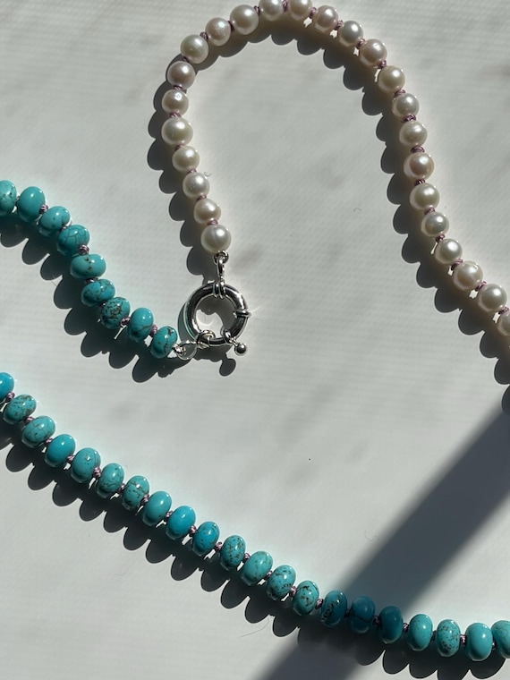 Hand knotted Kingsman Turquoise and Pearl necklace on silk gifts for her, birthday gemstone