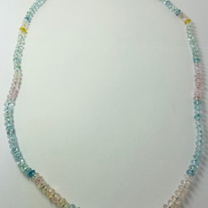 Hand Knotted Aquamarine Morganite Beaded Necklace: Solid Gold Clasp