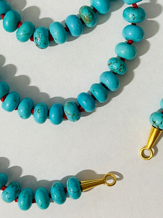 Kingsman turquoise on silk string with 18kt gold open loop, gift for her, birthday gemstone.