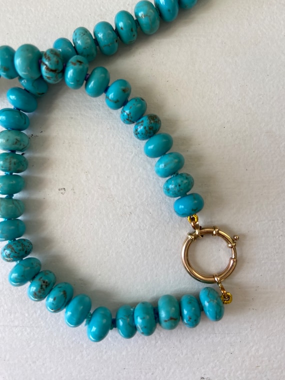 Hand knotted  beaded Kingsman Turquoise necklace on 14kt sailor wheel clasp gifts for her