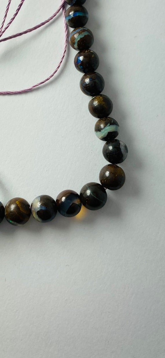 Australian Boulder Opal Beaded Necklace: 14k Gold Clasp, Silk String