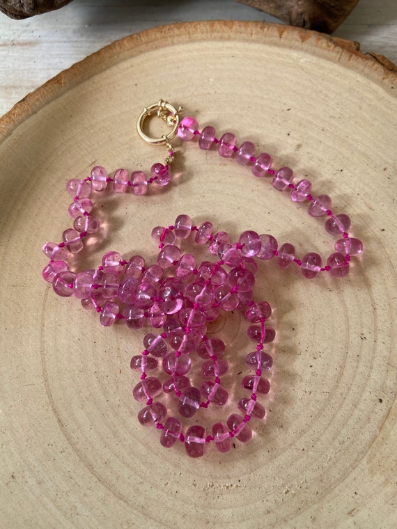 Hand knotted Natural Pink Topaz beaded necklace on silk string sailor clasp connector. Gifts for her, Gifts for mom, Gifts for loved ones