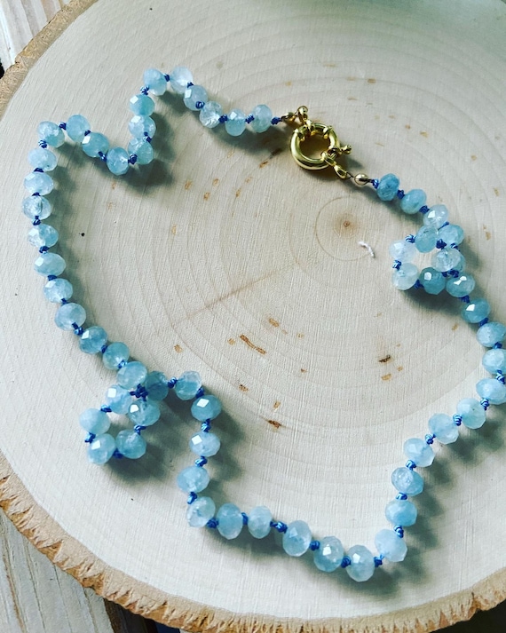 Hand knotted Beautiful Faceted Aquamarine necklace on silk cord, with sailor clasp, handmade, beaded necklace, gemstones
