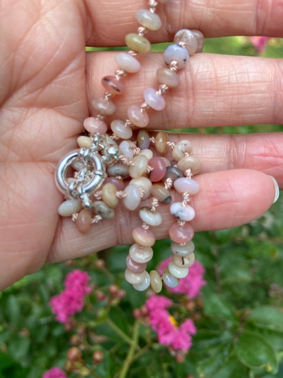 Hand knotted Beautiful Natural Peruvian Pink Opal necklace on silk cord, handmade, beaded necklace, gemstones necklace, gifts for her, gifts