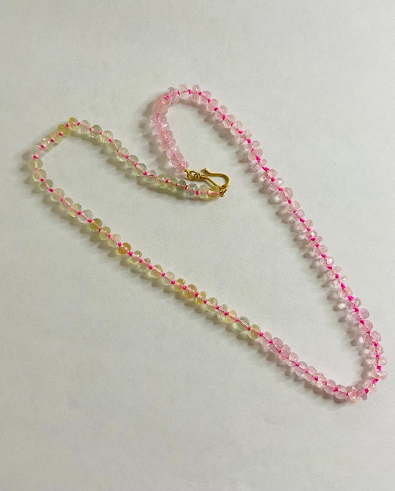 Hand knotted Pink morganite beryl and prehnite beaded silk necklace with 18k fish hook clasp. Gifts for her.