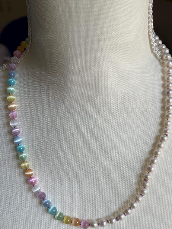 Hand knotted Pearl and Rainbow Selenite necklace on silk gifts for her, birthday gemstone