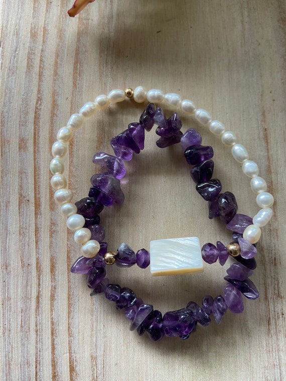 Handmade Amethyst, pearls, and solid gold beads bracelets sold together, handmade, beaded bracelets,  gemstones Gifts for her