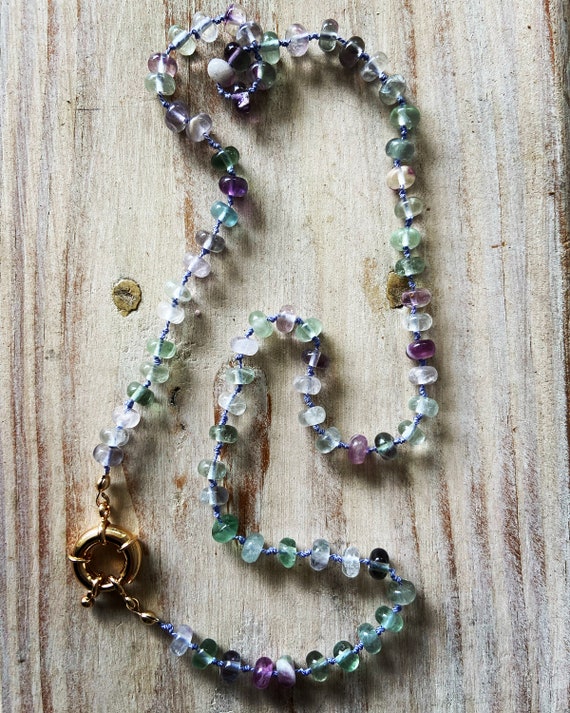 Hand knotted Beautiful Fluorite necklace on silk cord with Sailor clasp, gemstones necklace. Gifts for her.