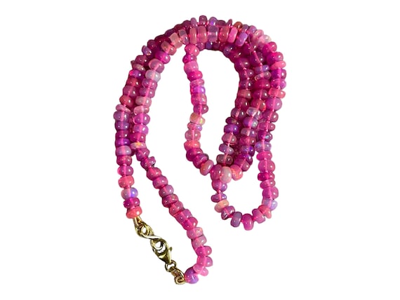 Pink Ethiopian Opal Beaded Necklace: 14kt Gold Clasp, Silk String