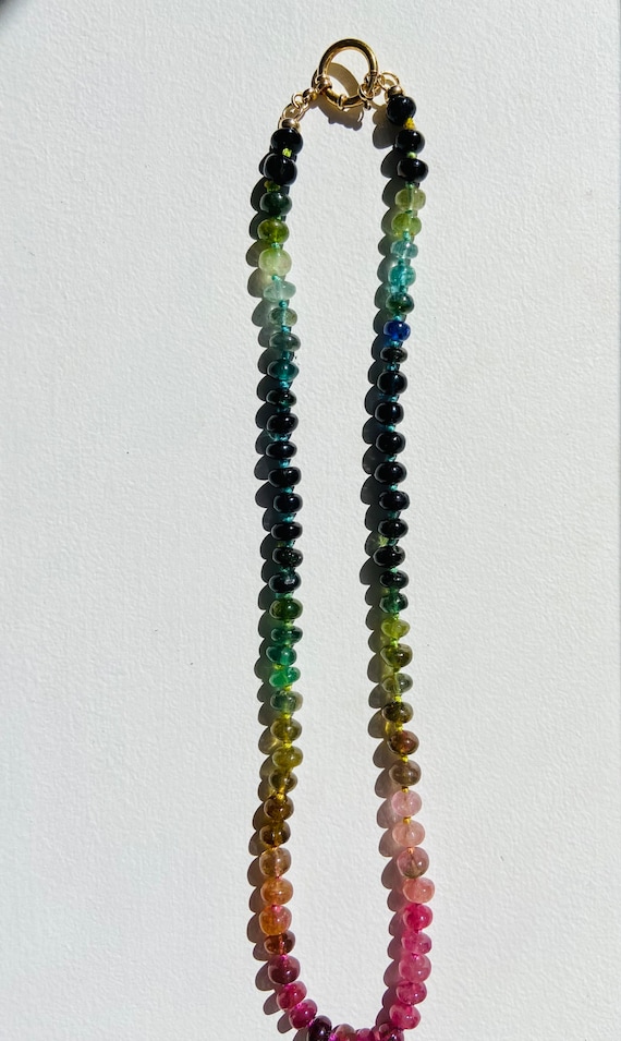 Tourmaline beaded necklace on colorful silk string with solid gold sailor clasp. Birthday stone Gift for her