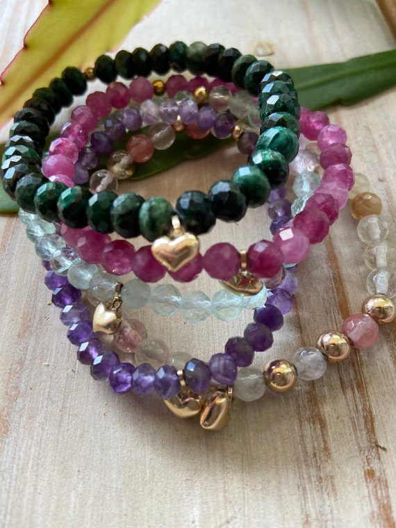 Beautiful Gemstones stretchy bracelet with 14kt solid gold heart charm, Birthday gemstones, Gifts for her, gifts for girls.