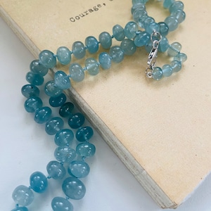 Hand Knotted Aquamarine graduated stones from 5mm to 10mm on silk string necklace 14k solid gold lobster clasp. Gifts for her