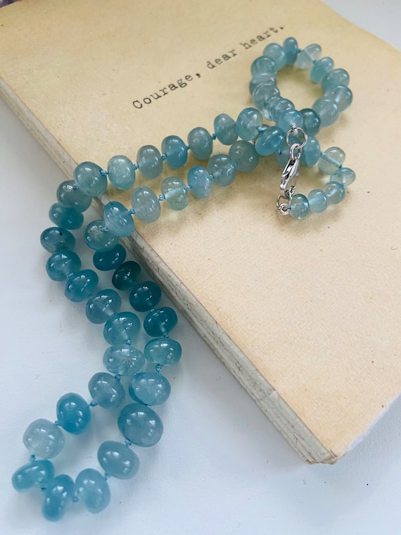 Hand Knotted Aquamarine graduated stones from 5mm to 10mm on silk string necklace 14k solid gold lobster clasp. Gifts for her