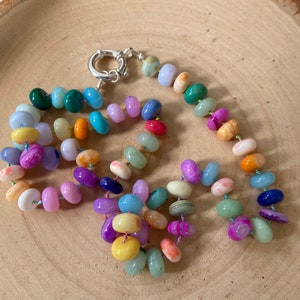 Hand knotted Colorful candy opal beaded necklace with sailor clasp connector.