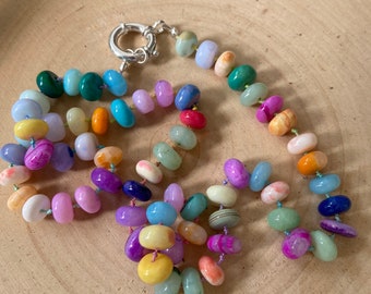 Hand knotted Colorful candy opal beaded necklace with sailor clasp connector. Gifts for her.