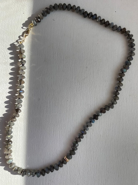 Handmade Labradorite Beaded Necklace: 14kt Gold Clasp, Silk Cord