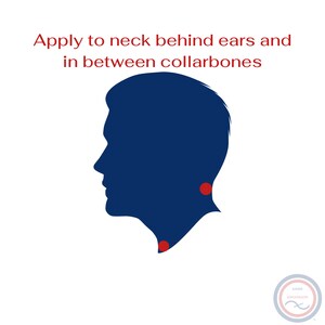 Puede incluir: Una silueta azul de la cabeza y el cuello de una persona con dos puntos rojos que indican d&oacute;nde aplicar un producto. El texto "Aplicar en el cuello detr&aacute;s de las orejas y entre las clav&iacute;culas" est&aacute; sobre la silueta.