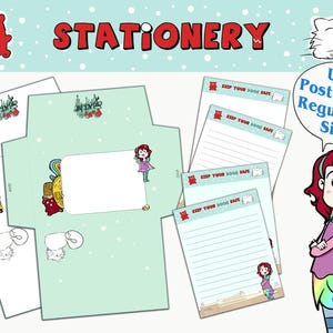 May include: A stationery set featuring light green envelopes and lined note paper with the text "KEEP YOUR DOOD SAFE". The items include cartoon illustrations of a red bear, a white cat, and a character with red hair and a rainbow skirt.