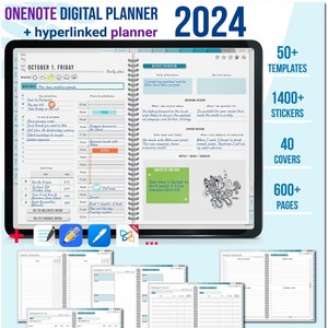 Onenote planner hyperlinked 2024 sea-blue template, Onenote planner for surface pro, Android, iOS and Windows