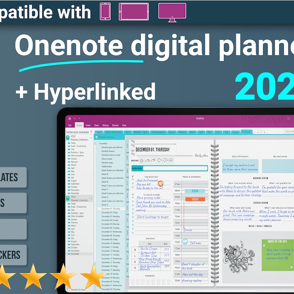 One note planner template, Onenote digital planner 2023, Onenote journal for Windows, Android, iOS. Onenote iPAd