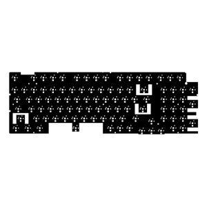 May include: Black and white image of a circuit board with many small holes and a few larger rectangular openings.