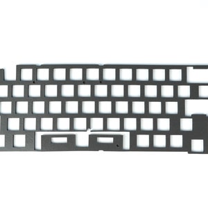 May include: A dark gray keyboard plate with rectangular cutouts for key switches. The plate is designed for a mechanical keyboard, with a rectangular shape and various mounting holes.