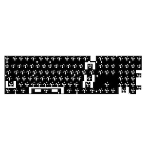 Puede incluir: PCB de teclado en blanco y negro con una cuadrícula de agujeros y la palabra "URAME" en blanco. El PCB del teclado tiene forma rectangular con una serie de pequeños puntos blancos dispuestos en forma de cuadrícula.