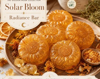 May include: Four round, translucent amber-colored soap bars shaped like sunflowers, featuring a textured center and petal-like edges. The label reads The Golden Hour Collection, Solar Bloom Radiance Bar, and lists ingredients including clear glycerin, calendula, orange peel, sweet orange, bergamot, ylang ylang, and citrine.