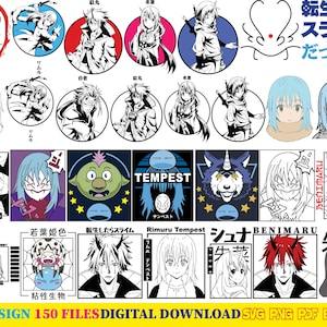 May include: A digital download graphic design set featuring characters and logos from the anime series "That Time I Got Reincarnated as a Slime." The designs include various character portraits, logos, and text elements in multiple styles and colours. The set includes 30 designs and 150 files.