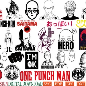 May include: A digital download graphic featuring various illustrations and text elements related to the anime series "One Punch Man." The designs include character portraits, logos, and phrases like "I'm OK" and "Hero."