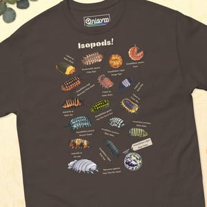 May include: A dark brown t-shirt displaying the word "Isopods!" and colourful illustrations of various isopod species. The shirt has a crew neck and a small logo on the upper left. The illustrations include measurements in centimetres.