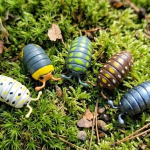 May include: Five small, segmented pill bug figurines arranged on a bed of green moss. The figures feature distinct patterns: one white with black spots, one grey with a yellow band, one green with yellow spots, one brown with white dots, and one metallic blue.