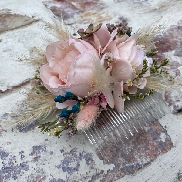 Pinks, White, Ivory, Pampas Grass, Sage green, Neutral, Wedding Hair Comb, Rustic (Dried, Silk Flowers) Bespoke, made-to-order, *Any Colour*